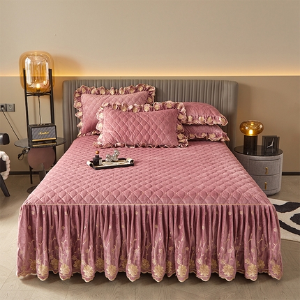 罗艺轩 2024新款花季宝宝绒全套夹棉絎缝加厚系列床裙三件套 豆沙粉