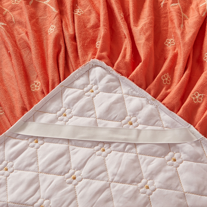 91家纺网 家纺一手货源 找家纺 罗艺轩 2024新款花季宝宝绒全套夹棉絎缝加厚系列床裙三件套 爱玛橙