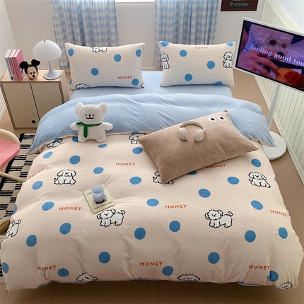 星期八 2023新款210g双面牛奶绒印花四件套 波点狗狗