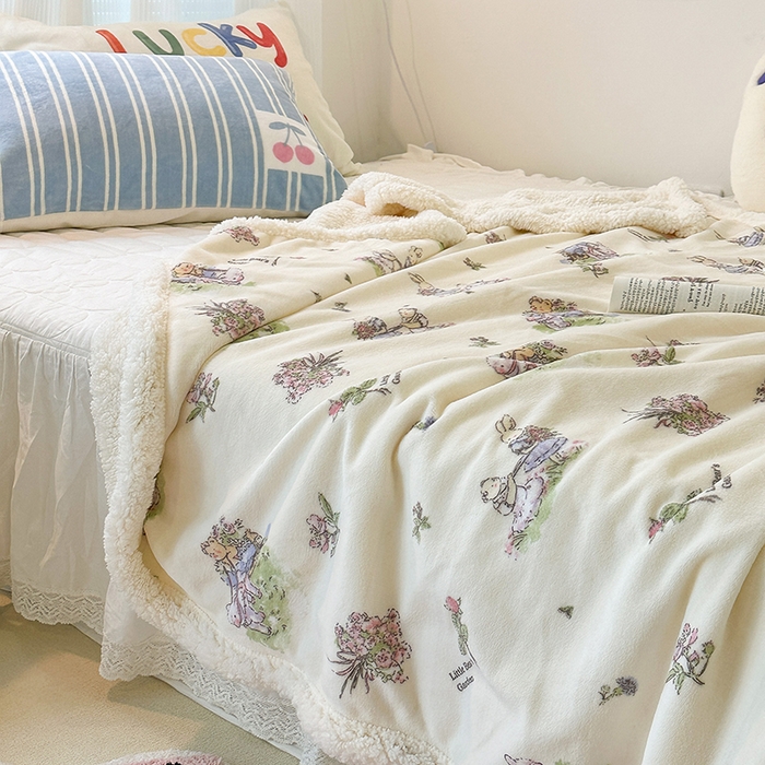 91家纺网 家纺一手货源 找家纺 昔可家纺 2023新款ins风牛奶绒羊羔绒印花毛毯（风格一） 小熊花园