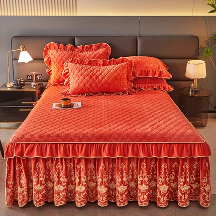 罗艺轩 2024新款欧洲风情宝宝绒可拆卸夹棉床裙三件套 爱玛橙