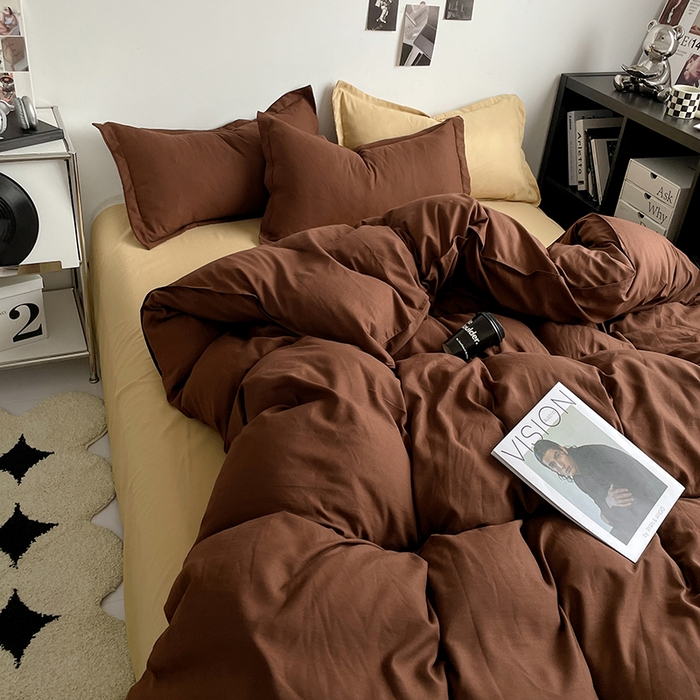 91家纺网 家纺一手货源 找家纺 贝拉梦2023新款个性撞色混搭亲肤棉四件套 椰蓉布朗尼