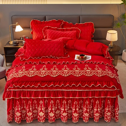 罗艺轩 2024新款欧洲风情宝宝绒可拆卸夹棉床裙四件套 喜庆红