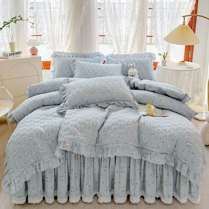 恋尚 2023新款小竹棉提花床笠式床裙夹棉四件套 花期
