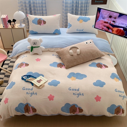 星期八 2023新款210g双面牛奶绒印花四件套 云朵狗狗