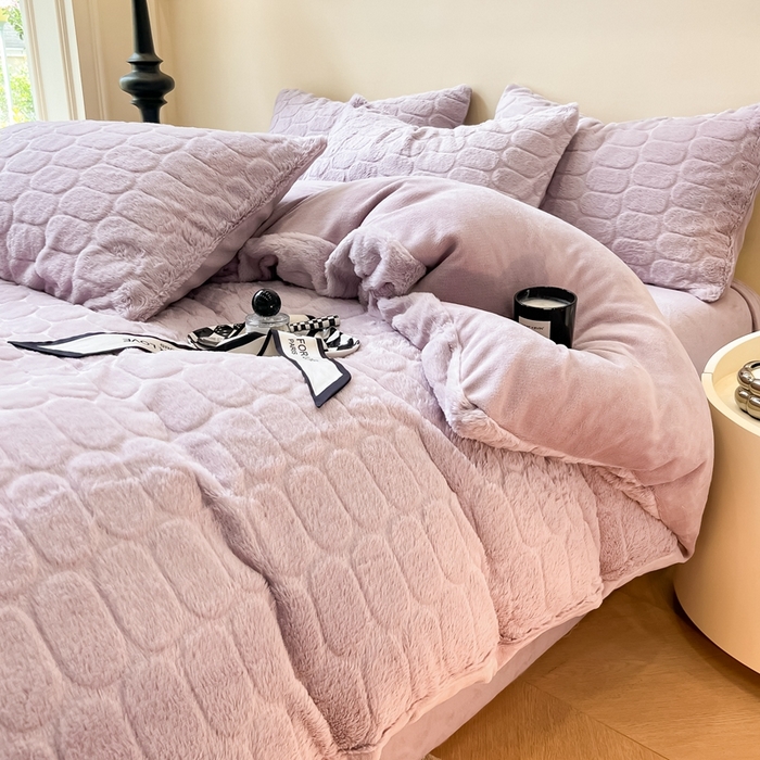 91家纺网 家纺一手货源 找家纺 慕尚家纺 2025新款280g兔毛绒四件套-洛卡 洛卡-风铃紫