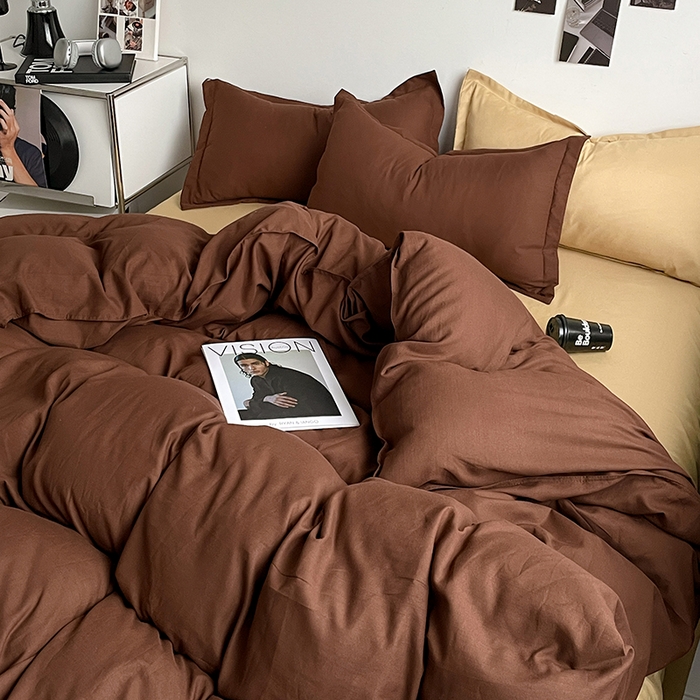 91家纺网 家纺一手货源 找家纺 贝拉梦2023新款个性撞色混搭亲肤棉四件套 椰蓉布朗尼