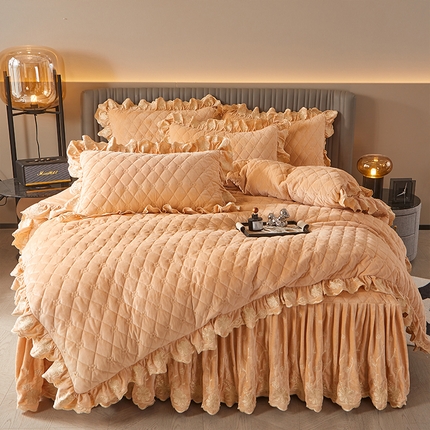 罗艺轩 2024新款花季宝宝绒全套夹棉絎缝加厚系列床裙套件 香槟金