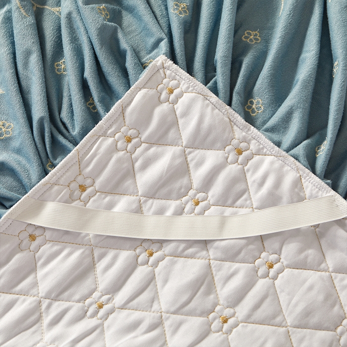 91家纺网 家纺一手货源 找家纺 罗艺轩 2024新款花季宝宝绒全套夹棉絎缝加厚系列床裙三件套 绅士蓝