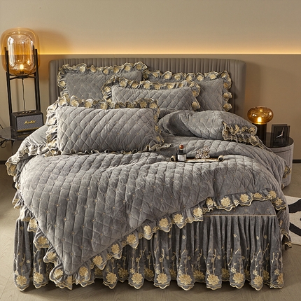 罗艺轩 2024新款花季宝宝绒全套夹棉絎缝加厚系列床裙套件 高级灰