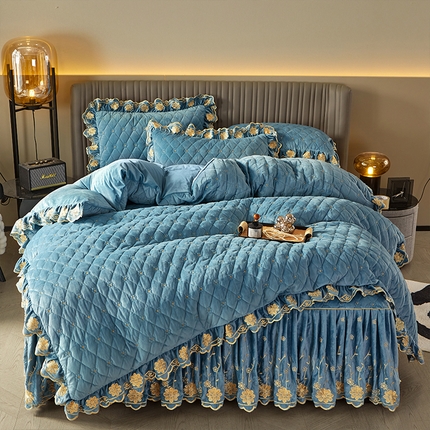 罗艺轩 2024新款花季宝宝绒全套夹棉絎缝加厚系列床裙套件 绅士蓝