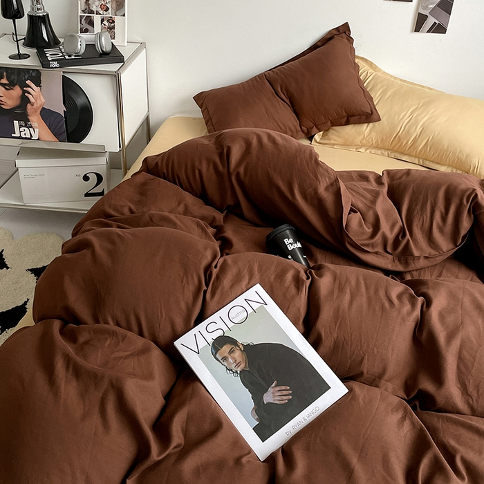 91家纺网 家纺一手货源 找家纺 贝拉梦2023新款个性撞色混搭亲肤棉四件套 椰蓉布朗尼