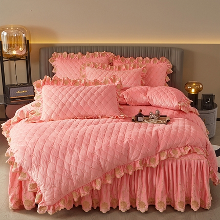 罗艺轩 2024新款花季宝宝绒全套夹棉絎缝加厚系列床裙套件 樱花粉