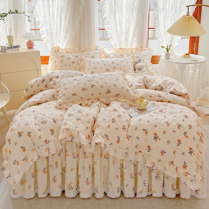 恋尚 2023新款小竹棉提花床笠式床裙夹棉四件套 秋果蜜约