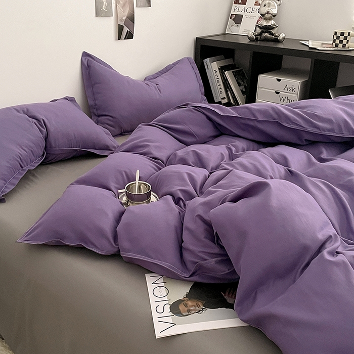 91家纺网 家纺一手货源 找家纺 贝拉梦2023新款个性撞色混搭亲肤棉四件套 紫雾森林