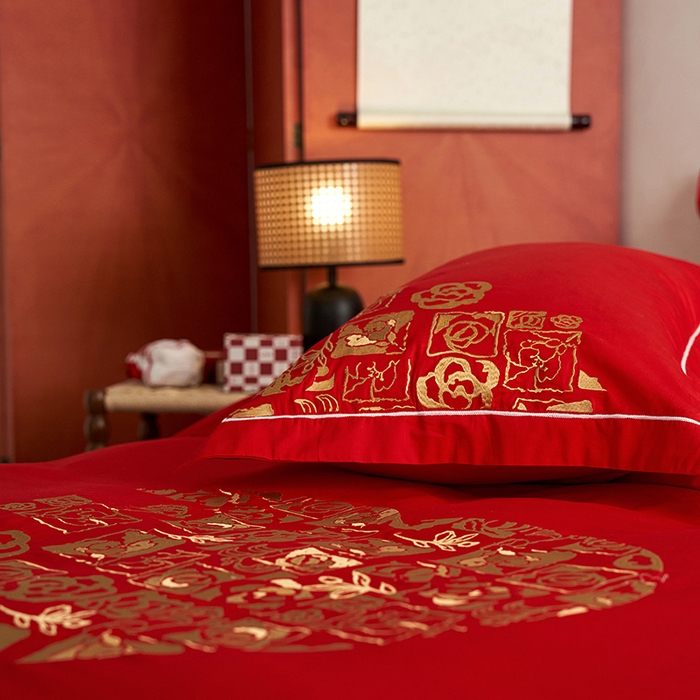 91家纺网 家纺一手货源 找家纺 （总）千朵森 2024新款新疆长绒棉婚庆刺绣四件套-（比翼）