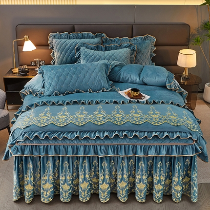 罗艺轩 2024新款欧洲风情宝宝绒可拆卸夹棉床裙四件套 绅士蓝