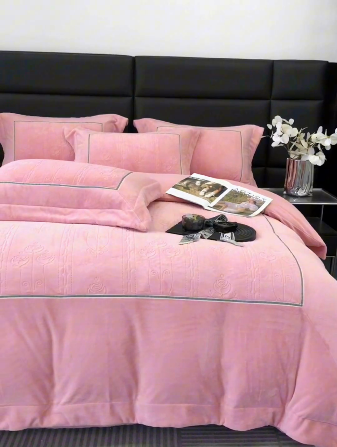 91家纺网 家纺一手货源 找家纺 榻尚家居 2023新款秋冬暖绒Queen系列-玫瑰花园 温柔粉
