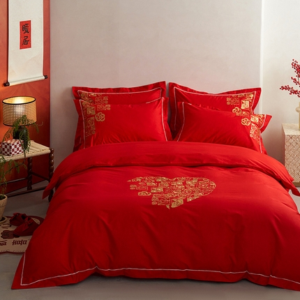 91家纺网 家纺一手货源 找家纺 （总）千朵森 2024新款新疆长绒棉婚庆刺绣四件套-（比翼）