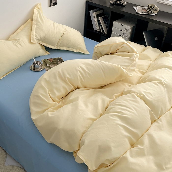 91家纺网 家纺一手货源 找家纺 贝拉梦2023新款个性撞色混搭亲肤棉四件套 芝士布鲁蓝