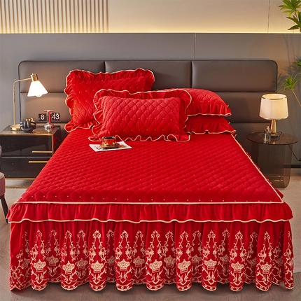 罗艺轩 2024新款欧洲风情宝宝绒可拆卸夹棉床裙三件套 喜庆红