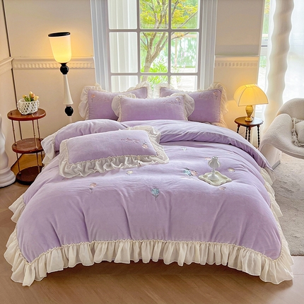 可以家居 2023新款牛奶绒绣花花边款四件套玫瑰庄园 蔷薇紫