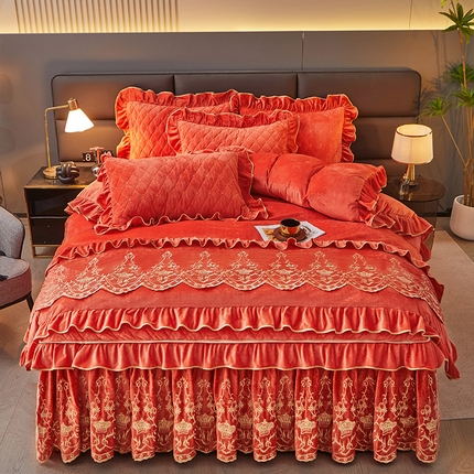 罗艺轩 2024新款欧洲风情宝宝绒可拆卸夹棉床裙四件套 爱玛橙