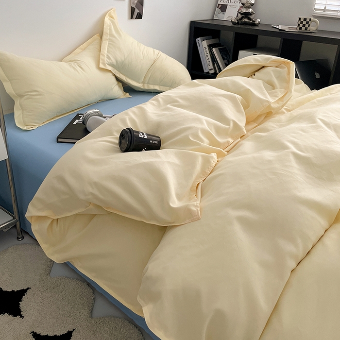 91家纺网 家纺一手货源 找家纺 贝拉梦2023新款个性撞色混搭亲肤棉四件套 芝士布鲁蓝