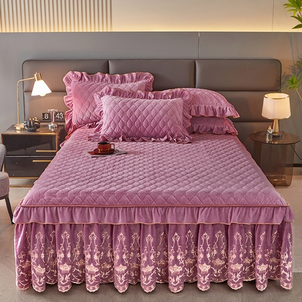 罗艺轩 2024新款欧洲风情宝宝绒可拆卸夹棉床裙三件套 丁香紫