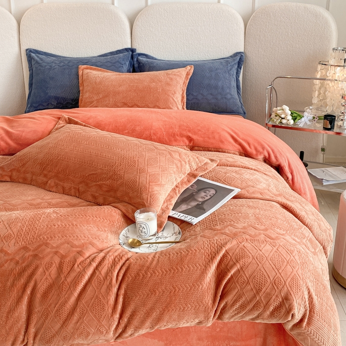 91家纺网 家纺一手货源 找家纺 寐居家纺 2023年高克重烂花牛奶绒四件套 韩式烂花-橘色