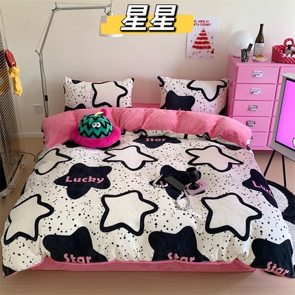 91家纺网 家纺一手货源 找家纺 星期八 2023新款210g双面牛奶绒印花四件套 星星