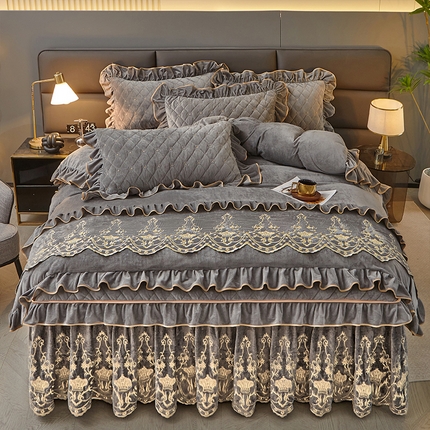 罗艺轩 2024新款欧洲风情宝宝绒可拆卸夹棉床裙四件套 高级灰