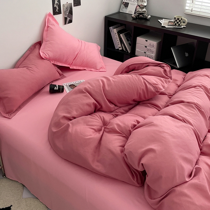 91家纺网 家纺一手货源 找家纺 贝拉梦2023新款个性撞色混搭亲肤棉四件套 白桃清茶