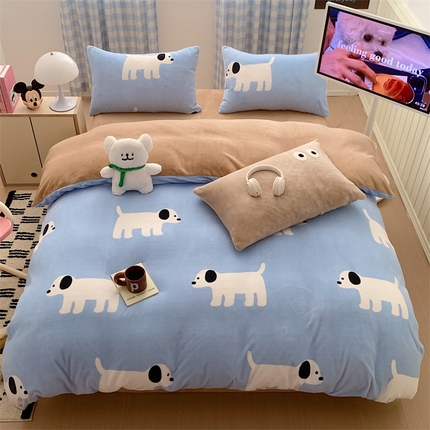 星期八 2023新款210g双面牛奶绒印花四件套 蓝色狗狗