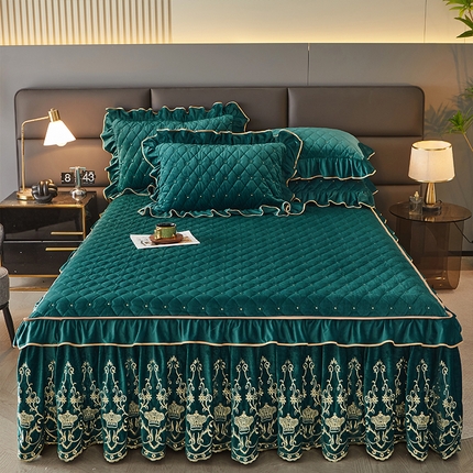 罗艺轩 2024新款欧洲风情宝宝绒可拆卸夹棉床裙三件套 橄榄绿