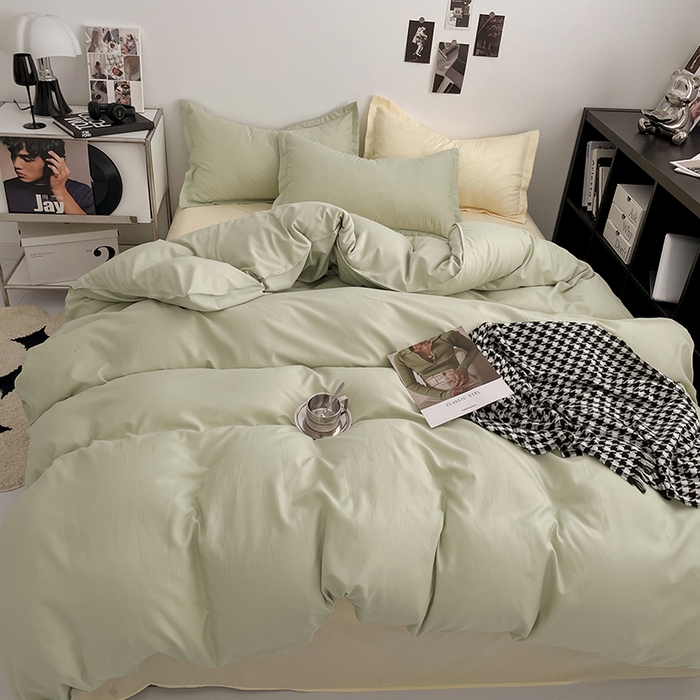 91家纺网 家纺一手货源 找家纺 贝拉梦2023新款个性撞色混搭亲肤棉四件套 茉莉奶绿