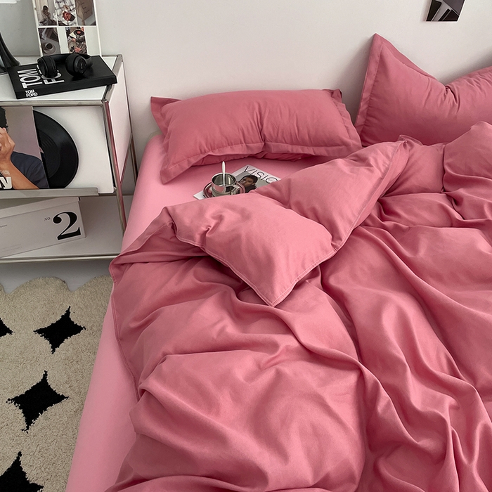 91家纺网 家纺一手货源 找家纺 贝拉梦2023新款个性撞色混搭亲肤棉四件套 白桃清茶