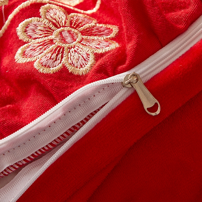 91家纺网 家纺一手货源 找家纺 罗艺轩 2024新款花季宝宝绒全套夹棉絎缝加厚系列床裙套件 喜庆红