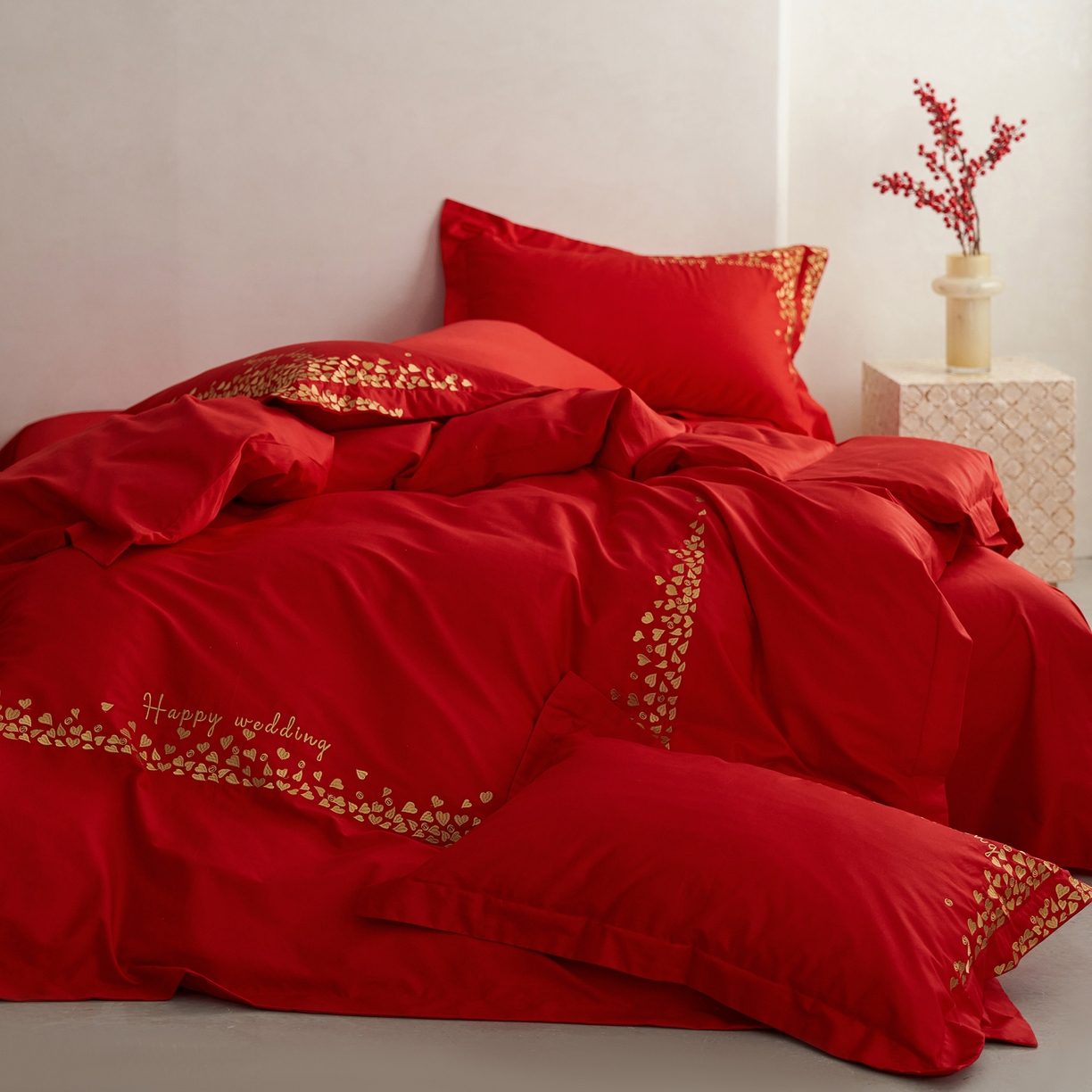 91家纺网 家纺一手货源 找家纺 （总）千朵森 2024新款新疆长绒棉婚庆刺绣四件套-（花嫁）