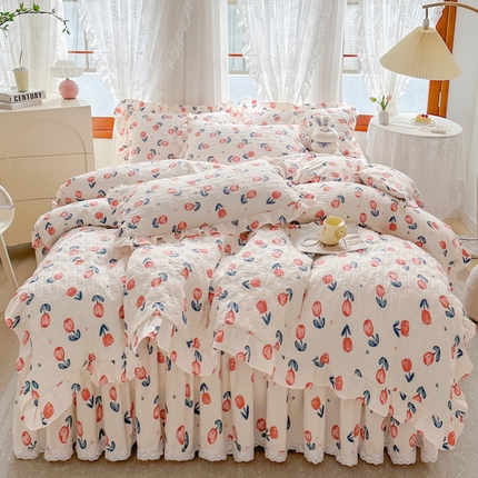 恋尚 2023新款小竹棉提花床笠式床裙夹棉四件套 浪漫花期
