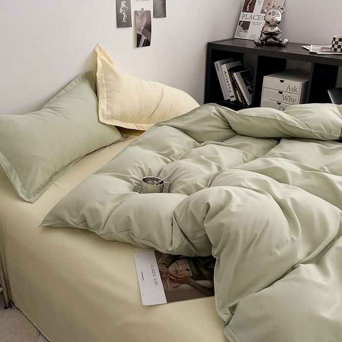 91家纺网 家纺一手货源 找家纺 贝拉梦2023新款个性撞色混搭亲肤棉四件套 茉莉奶绿