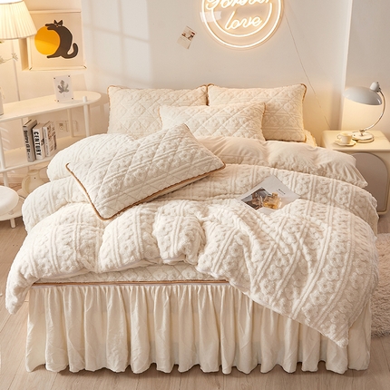 91家纺网 家纺一手货源 找家纺 恋尚 2023新款塔芙绒床笠加床裙四件套可脱卸款 塔芙绒-米白