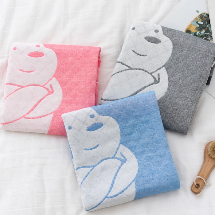91家纺网 家纺一手货源 找家纺 朴尔家纺-毛巾被 2023新款特惠混纺棉质三层纱布独版AB面枕巾 白熊粉