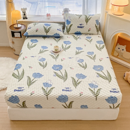 91家纺网 家纺一手货源 找家纺 欧邦 新款A类提花豆豆绒金龟绒床笠 床笠-花中兔