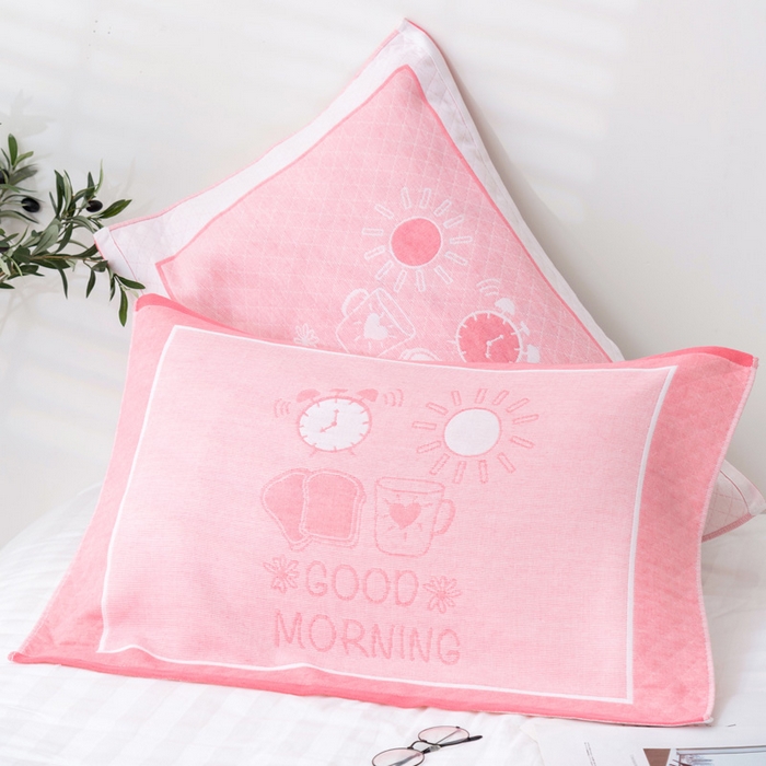 91家纺网 家纺一手货源 找家纺 朴尔家纺-毛巾被 2023新款特惠混纺棉质三层纱布独版AB面枕巾 早安粉