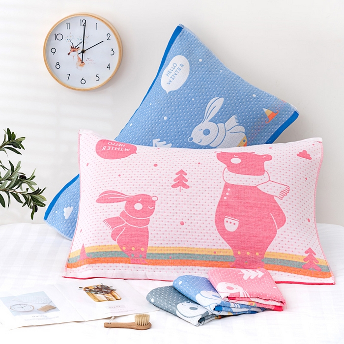 91家纺网 家纺一手货源 找家纺 朴尔家纺-毛巾被 2023新款特惠混纺棉质三层纱布独版AB面枕巾 爱心熊灰