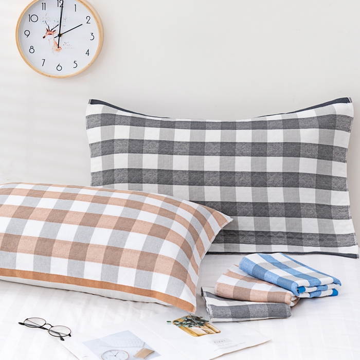 91家纺网 家纺一手货源 找家纺 朴尔家纺-毛巾被 2023新款特惠混纺棉质三层纱布独版AB面枕巾 格韵蓝