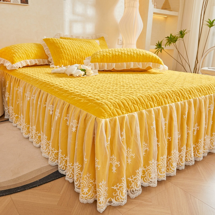 91家纺网 家纺一手货源 找家纺 虹星家纺 2023新款牛奶绒夹棉床裙套件清新系列-床裙款单床裙  清新-鹅黄