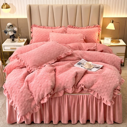 恋尚 2023新款加厚高克重蜜桃绒床笠式床裙四件套可脱卸四件套 微光-粉玉