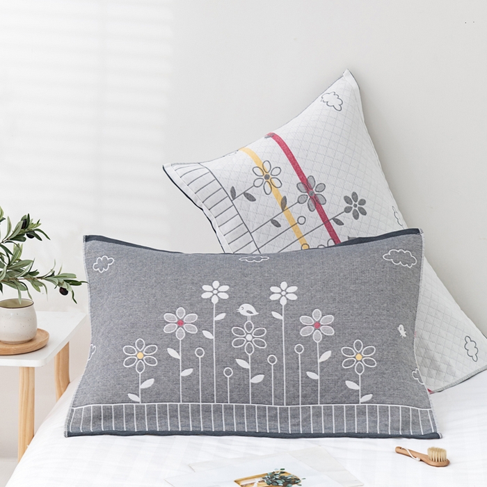 91家纺网 家纺一手货源 找家纺 朴尔家纺-毛巾被 2023新款特惠混纺棉质三层纱布独版AB面枕巾 花中细语灰